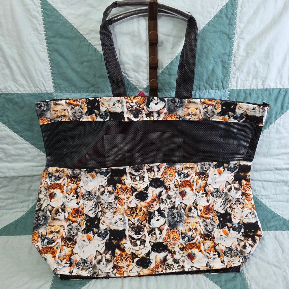Large Cat Print Mesh Panel Tote Bag Black Canvas Shoulder Bag Clear Handle Grips